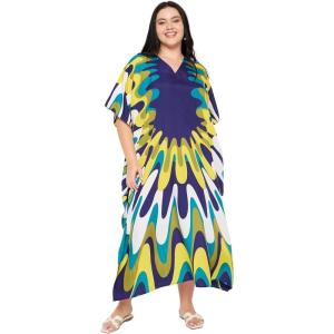 image:imageGypsie Blu Polyester Womens Plus Size Printed Caftan Maxi Dress Bathing Suit CoverUp Loose Fit Summer Casual Outings WearBlue  White