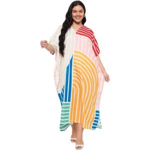 image:imageGypsie Blu Polyester Womens Plus Size Printed Caftan Maxi Dress Bathing Suit CoverUp Loose Fit Summer Casual Outings WearMustard Yellow  Beige
