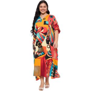 image:imageGypsie Blu Polyester Womens Plus Size Printed Caftan Maxi Dress Bathing Suit CoverUp Loose Fit Summer Casual Outings WearMustard Yellow  Brick Red