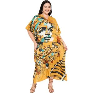 image:imageGypsie Blu Polyester Womens Plus Size Printed Caftan Maxi Dress Bathing Suit CoverUp Loose Fit Summer Casual Outings WearOrange