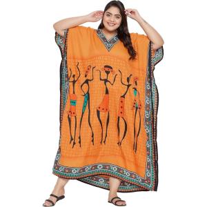 image:imageGypsie Blu Polyester Womens Plus Size Printed Caftan Maxi Dress Bathing Suit CoverUp Loose Fit Summer Casual Outings WearOrange Tribal