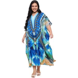 image:imageGypsie Blu Polyester Womens Plus Size Printed Caftan Maxi Dress Bathing Suit CoverUp Loose Fit Summer Casual Outings WearRoyal Blue