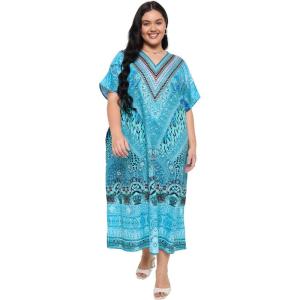 image:imageGypsie Blu Polyester Womens Plus Size Printed Caftan Maxi Dress Bathing Suit CoverUp Loose Fit Summer Casual Outings WearTurquoise Blue