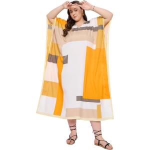 image:imageGypsie Blu Polyester Womens Plus Size Printed Caftan Maxi Dress Bathing Suit CoverUp Loose Fit Summer Casual Outings WearWhite  Mustard Yellow