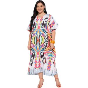 image:imageGypsie Blu Polyester Womens Plus Size Printed Caftan Maxi Dress Bathing Suit CoverUp Loose Fit Summer Casual Outings WearWhite Abstract