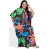 image:imageGypsie Blu Womens Plus Size Printed Caftan Maxi Dress Beach Cover Up Summer Dress VNeck Kimono Sleeve Lounge WearBlack Tropical Floral