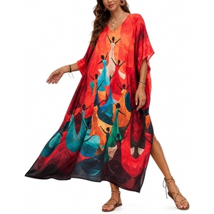 image:imageGypsie Blu Caftans for Women Plus Size Polyester Maxi Beach Dresses Bathing Suit Long Kaftan Swimsuit Coverup House DressRed