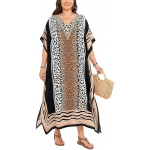 image:imageGypsie Blu Womens Plus Size Printed Caftan Maxi Dress Beach Cover Up Summer Dress VNeck Kimono Sleeve Lounge WearBeige