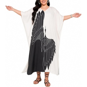 image:imageGypsie Blu Womens Plus Size Printed Caftan Maxi Dress Beach Cover Up Summer Dress VNeck Kimono Sleeve Lounge WearBlack  Off White