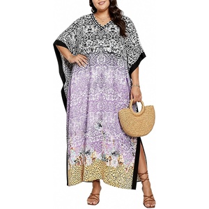 image:imageGypsie Blu Womens Plus Size Printed Caftan Maxi Dress Beach Cover Up Summer Dress VNeck Kimono Sleeve Lounge WearBlack  Purple