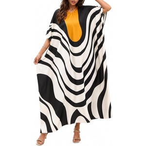 image:imageGypsie Blu Womens Plus Size Printed Caftan Maxi Dress Beach Cover Up Summer Dress VNeck Kimono Sleeve Lounge WearBlack  White Geometric Stripe