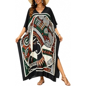 image:imageGypsie Blu Womens Plus Size Printed Caftan Maxi Dress Beach Cover Up Summer Dress VNeck Kimono Sleeve Lounge WearBlack Tribal