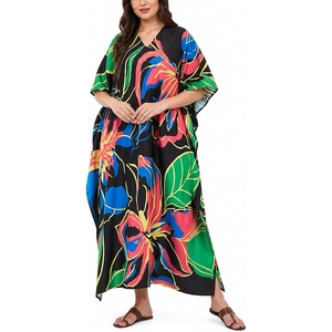 image:imageGypsie Blu Womens Plus Size Printed Caftan Maxi Dress Beach Cover Up Summer Dress VNeck Kimono Sleeve Lounge WearBlack Tropical Floral