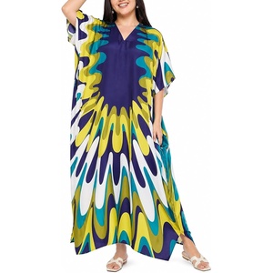 image:imageGypsie Blu Womens Plus Size Printed Caftan Maxi Dress Beach Cover Up Summer Dress VNeck Kimono Sleeve Lounge WearBlue  White