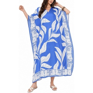 image:imageGypsie Blu Womens Plus Size Printed Caftan Maxi Dress Beach Cover Up Summer Dress VNeck Kimono Sleeve Lounge WearBlue