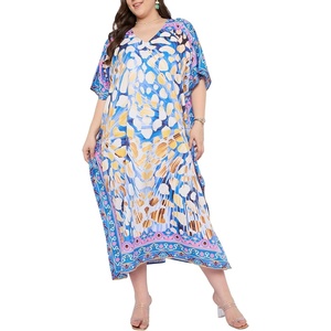 image:imageGypsie Blu Womens Plus Size Printed Caftan Maxi Dress Beach Cover Up Summer Dress VNeck Kimono Sleeve Lounge WearBlue Abstract Print