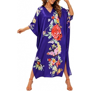 image:imageGypsie Blu Womens Plus Size Printed Caftan Maxi Dress Beach Cover Up Summer Dress VNeck Kimono Sleeve Lounge WearBlue Floral