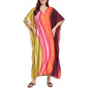 image:imageGypsie Blu Womens Plus Size Printed Caftan Maxi Dress Beach Cover Up Summer Dress VNeck Kimono Sleeve Lounge WearBright Pink  Orange