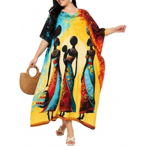 image:imageGypsie Blu Womens Plus Size Printed Caftan Maxi Dress Beach Cover Up Summer Dress VNeck Kimono Sleeve Lounge WearBright Yellow