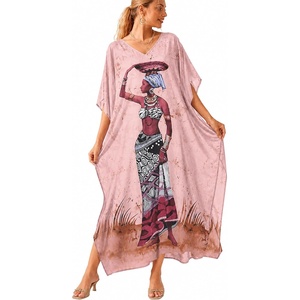 image:imageGypsie Blu Womens Plus Size Printed Caftan Maxi Dress Beach Cover Up Summer Dress VNeck Kimono Sleeve Lounge WearBrown Lady Print