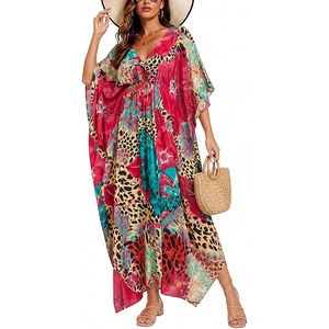 image:imageGypsie Blu Womens Plus Size Printed Caftan Maxi Dress Beach Cover Up Summer Dress VNeck Kimono Sleeve Lounge WearBurgundy  Turquoise