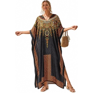 image:imageGypsie Blu Womens Plus Size Printed Caftan Maxi Dress Beach Cover Up Summer Dress VNeck Kimono Sleeve Lounge WearCharcoal Gray