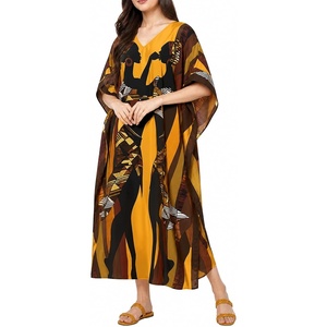 image:imageGypsie Blu Womens Plus Size Printed Caftan Maxi Dress Beach Cover Up Summer Dress VNeck Kimono Sleeve Lounge WearDeep Mustard Yellow