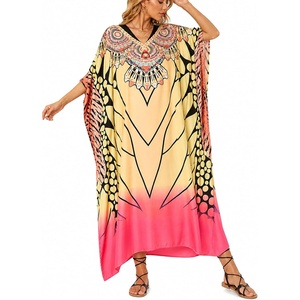 image:imageGypsie Blu Womens Plus Size Printed Caftan Maxi Dress Beach Cover Up Summer Dress VNeck Kimono Sleeve Lounge WearGradient Peach  Black