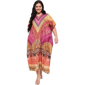 image:imageGypsie Blu Womens Plus Size Printed Caftan Maxi Dress Beach Cover Up Summer Dress VNeck Kimono Sleeve Lounge WearMulti
