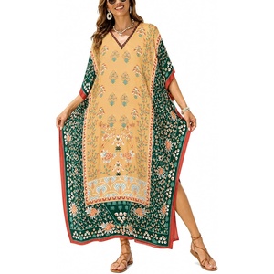 image:imageGypsie Blu Womens Plus Size Printed Caftan Maxi Dress Beach Cover Up Summer Dress VNeck Kimono Sleeve Lounge WearMustard Yellow  Dark Green