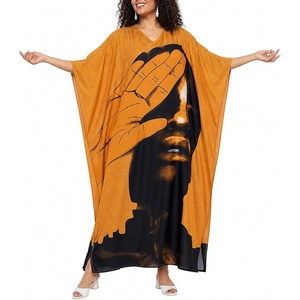 image:imageGypsie Blu Womens Plus Size Printed Caftan Maxi Dress Beach Cover Up Summer Dress VNeck Kimono Sleeve Lounge WearMusted Orange