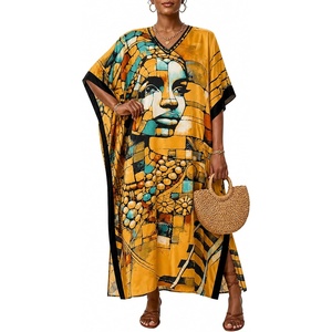 image:imageGypsie Blu Womens Plus Size Printed Caftan Maxi Dress Beach Cover Up Summer Dress VNeck Kimono Sleeve Lounge WearOrange