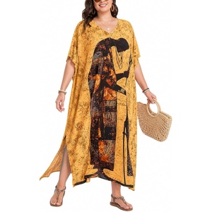 image:imageGypsie Blu Womens Plus Size Printed Caftan Maxi Dress Beach Cover Up Summer Dress VNeck Kimono Sleeve Lounge WearOrange Lady Tribal