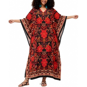 image:imageGypsie Blu Womens Plus Size Printed Caftan Maxi Dress Beach Cover Up Summer Dress VNeck Kimono Sleeve Lounge WearRed Floral