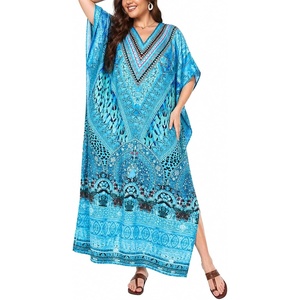 image:imageGypsie Blu Womens Plus Size Printed Caftan Maxi Dress Beach Cover Up Summer Dress VNeck Kimono Sleeve Lounge WearTurquoise Blue