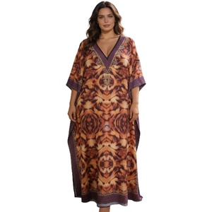 image:imageGypsie Blu Womens Plus Size Printed Caftan Maxi Dress Beach Cover Up Summer Dress VNeck Kimono Sleeve Lounge WearWarm Burnt Orange