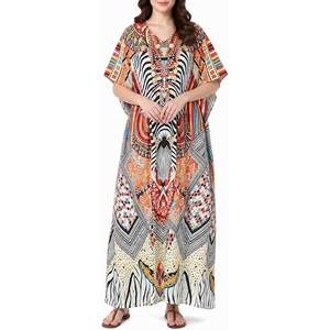 image:imageGypsie Blu Womens Plus Size Printed Caftan Maxi Dress Beach Cover Up Summer Dress VNeck Kimono Sleeve Lounge WearWhite