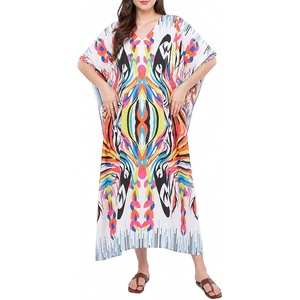 image:imageGypsie Blu Womens Plus Size Printed Caftan Maxi Dress Beach Cover Up Summer Dress VNeck Kimono Sleeve Lounge WearWhite Abstract