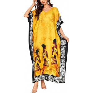 image:imageGypsie Blu Women Plus Size Kaftan Dress Beach Cover Up Maxi Dresses for Women VNeck Kimono Sleeve 1X3XMustard Yellow Tribal