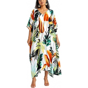 image:imageGypsie Blu Women Plus Size Kaftan Dress Beach Cover Up Maxi Dresses for Women VNeck Kimono Sleeve 1X3XWhite Tropical Leaf