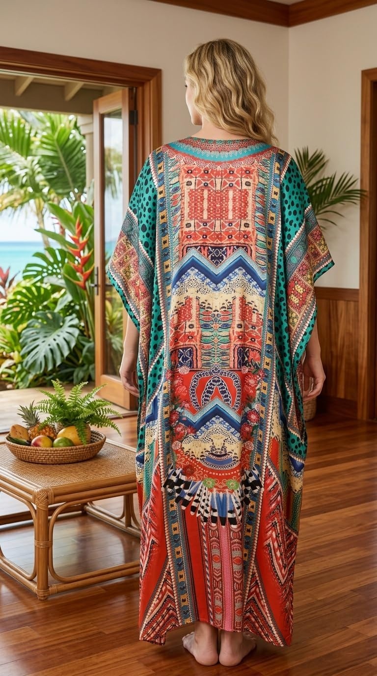image:imageGypsie Blu Caftan Dress for Women Satin Silk Printed Plus Size  Moo Moo Dress Kimono Sleeve Maxi Gown PartiesMulticolor Patchwork