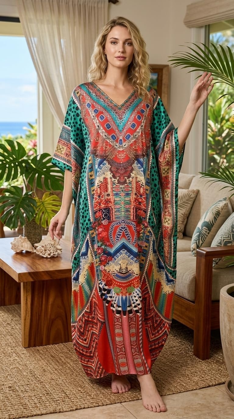 image:imageGypsie Blu Caftan Dress for Women Satin Silk Printed Plus Size  Moo Moo Dress Kimono Sleeve Maxi Gown PartiesMulticolor Patchwork