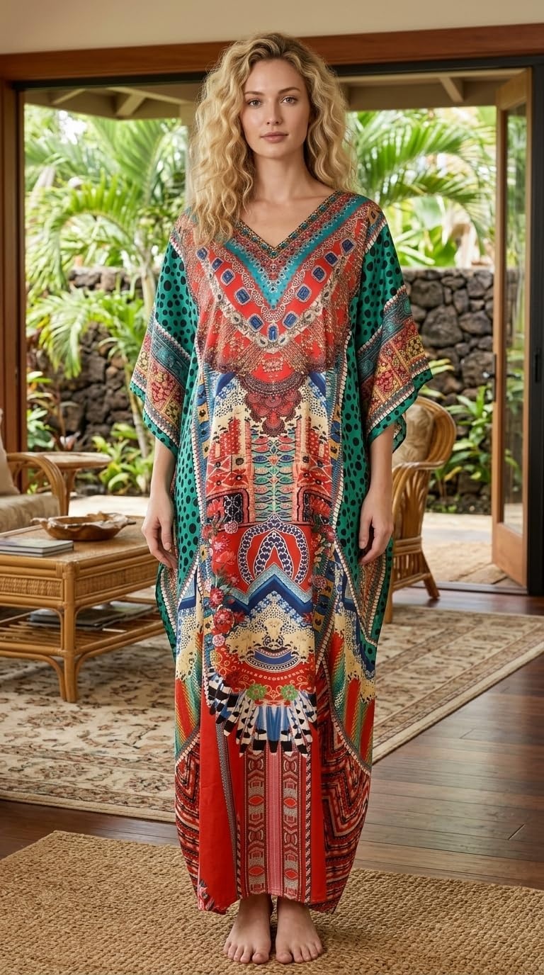 image:imageGypsie Blu Caftan Dress for Women Satin Silk Printed Plus Size  Moo Moo Dress Kimono Sleeve Maxi Gown PartiesMulticolor Patchwork