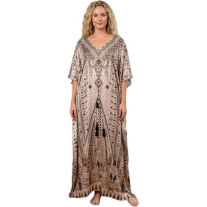 image:imageGypsie Blu Caftan Dress for Women Satin Silk Printed Plus Size  Moo Moo Dress Kimono Sleeve Maxi Gown PartiesBeige