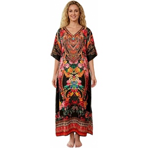 image:imageGypsie Blu Caftan Dress for Women Satin Silk Printed Plus Size  Moo Moo Dress Kimono Sleeve Maxi Gown PartiesBlack Ornate Floral