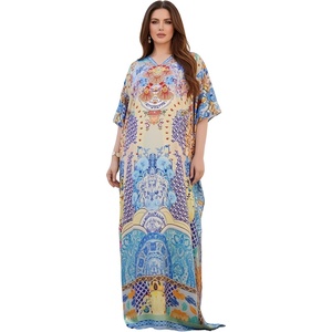 image:imageGypsie Blu Caftan Dress for Women Satin Silk Printed Plus Size  Moo Moo Dress Kimono Sleeve Maxi Gown PartiesLight Beige