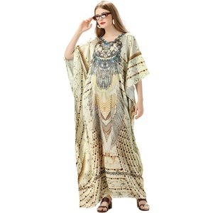 image:imageGypsie Blu Caftan Dress for Women Satin Silk Printed Plus Size  Moo Moo Dress Kimono Sleeve Maxi Gown PartiesLight Beige Tribal