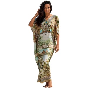 image:imageGypsie Blu Caftan Dress for Women Satin Silk Printed Plus Size  Moo Moo Dress Kimono Sleeve Maxi Gown PartiesOlive Green  Brown