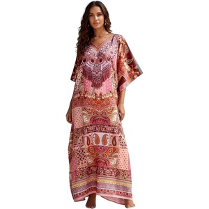 image:imageGypsie Blu Caftan Dress for Women Satin Silk Printed Plus Size  Moo Moo Dress Kimono Sleeve Maxi Gown PartiesOrangered